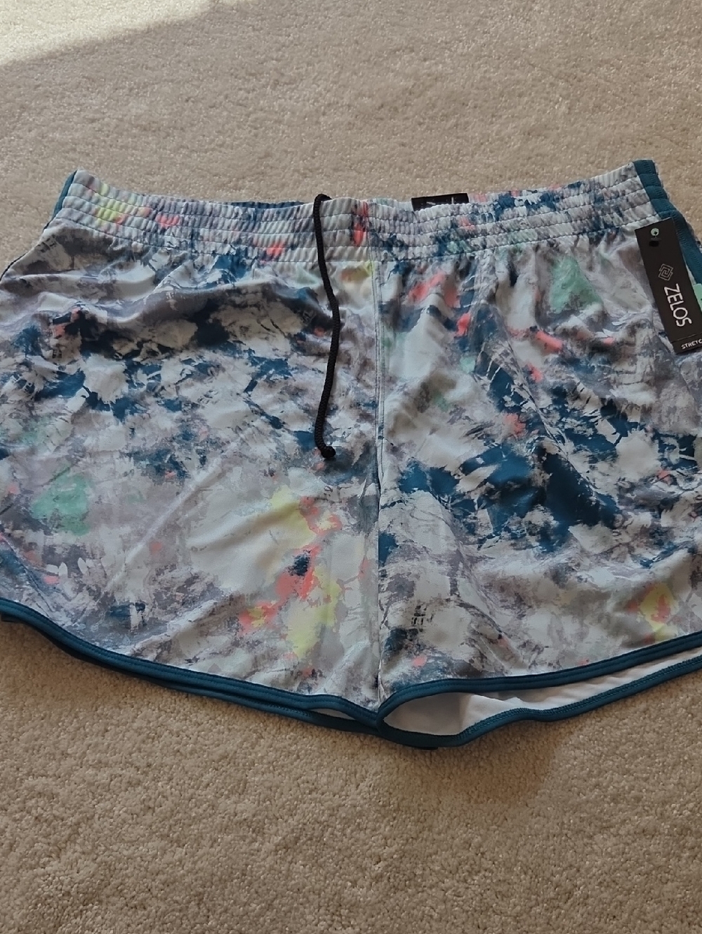 ZELOS Women’s Multicolor Abstract Athletic Shorts with Teal Trim